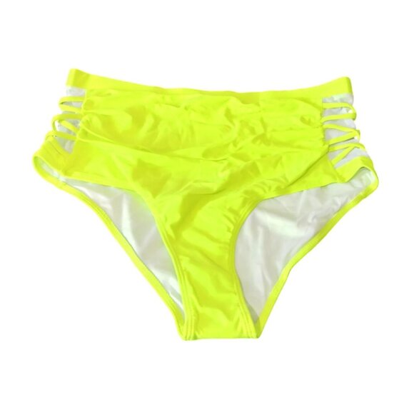 Neon Yellow V-Neck Halter Top High Waisted Mesh Sides Bottom Bikini Set Size 2XL - Picture 4 of 10